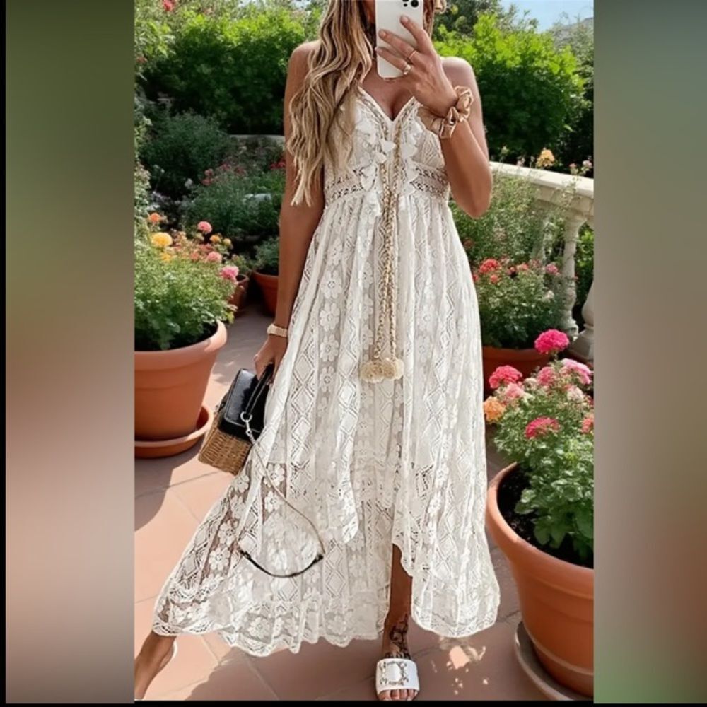 Women's Lace Hollow Out Tassel Trim V Neck Bohemian Maxi Dress XL